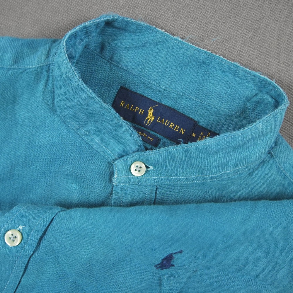 Custom Ralph Lauren Linen RL Untucked Mandarin Collar Frayed Hem Men Shirt M